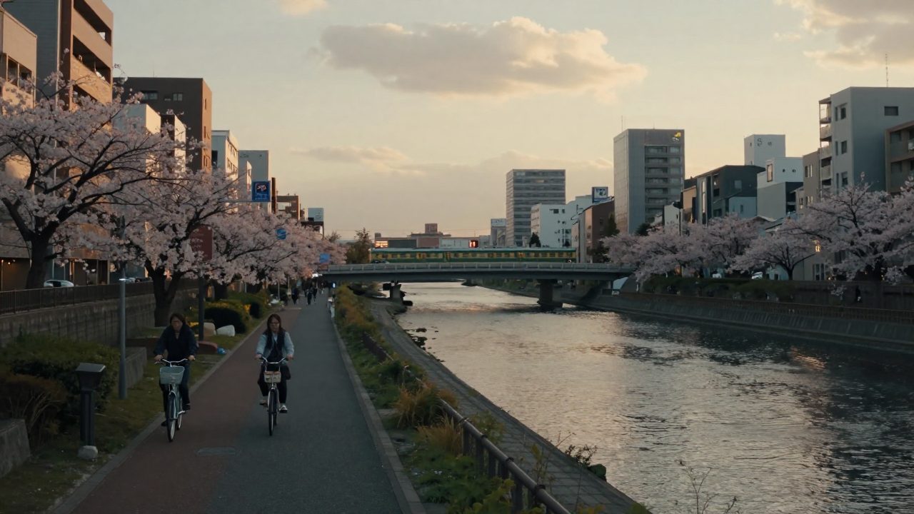 夕方の目黒川沿いに自転車と並木、橋とビルが見える東京の風景。